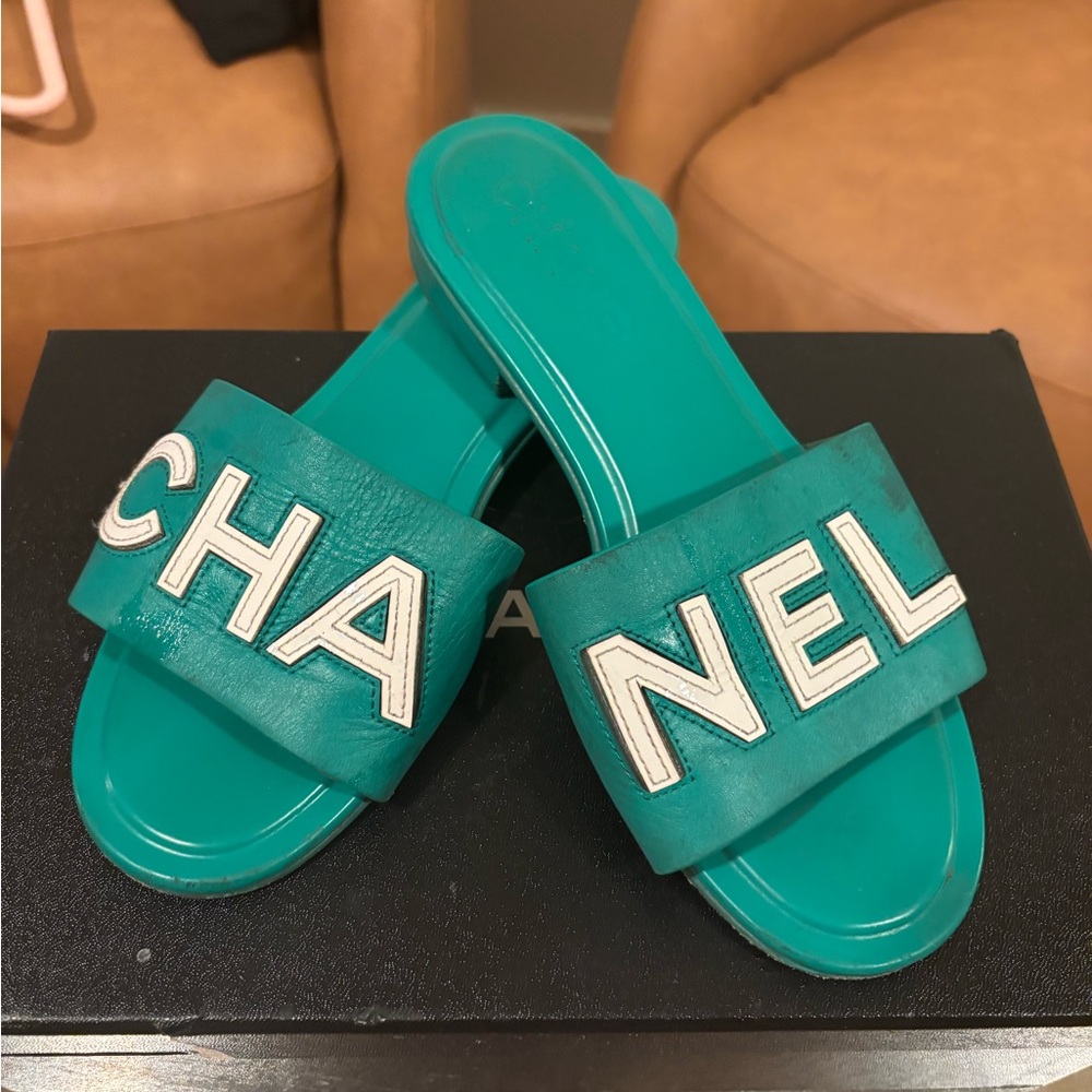 CHANEL Women's Turquoise Slide Sandals
